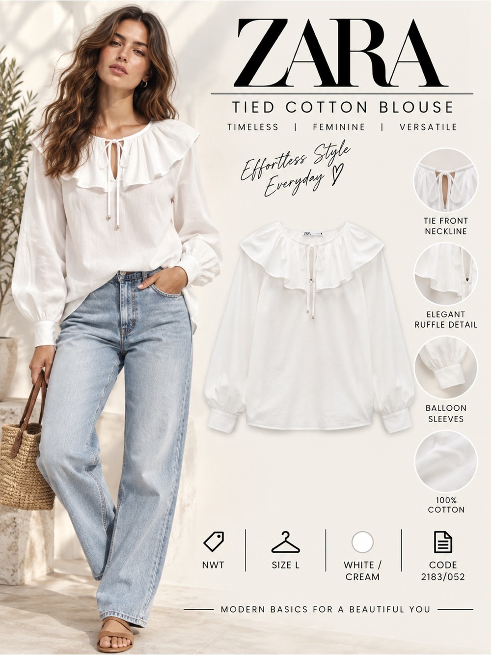 ZARA White Cotton Ruffle Tie Front Blouse Size L NWT